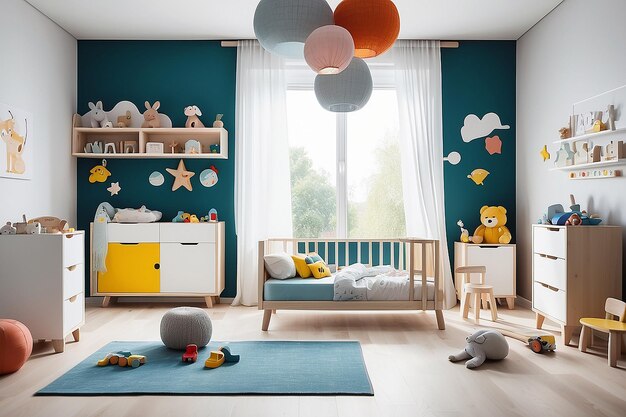 Brilhante quarto infantil moderno para crianças com brinquedos e mobiliário infantil