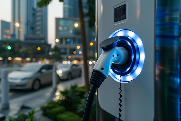 brilho de néon num ponto de carregamento de automóveis eléctricos num ambiente urbano