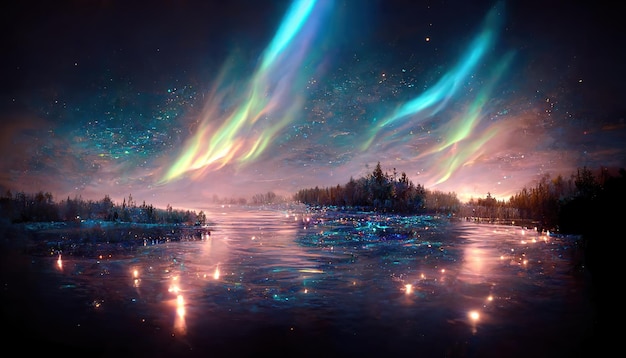 Foto brilho do céu sobre o lago cercado pela floresta paisagem noturna aurora boreal refletindo na água ficção científica bela natureza faíscas coloridas conceito de realismo mágico ilustração de renderização em 3d