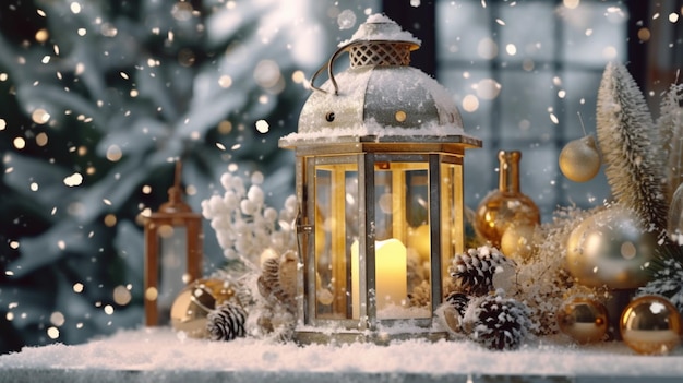 Brilho do país das maravilhas do inverno Uma lanterna de Natal acompanhada por um ramo de abeto verdejante e adornos festivos