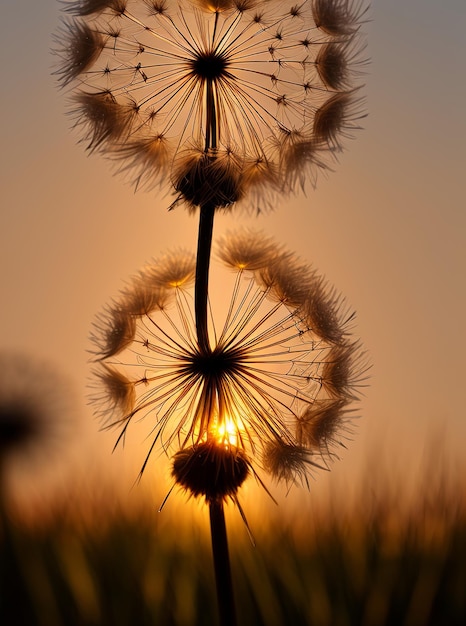 Brilho do pôr do sol em desejos de dente-de-leão