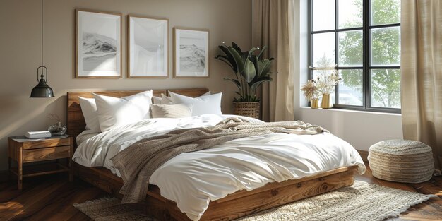 Brilho e aconchegante quarto moderno com cama grande de madeira suavizando a luz da manhã com decoração moderna renderização 3d