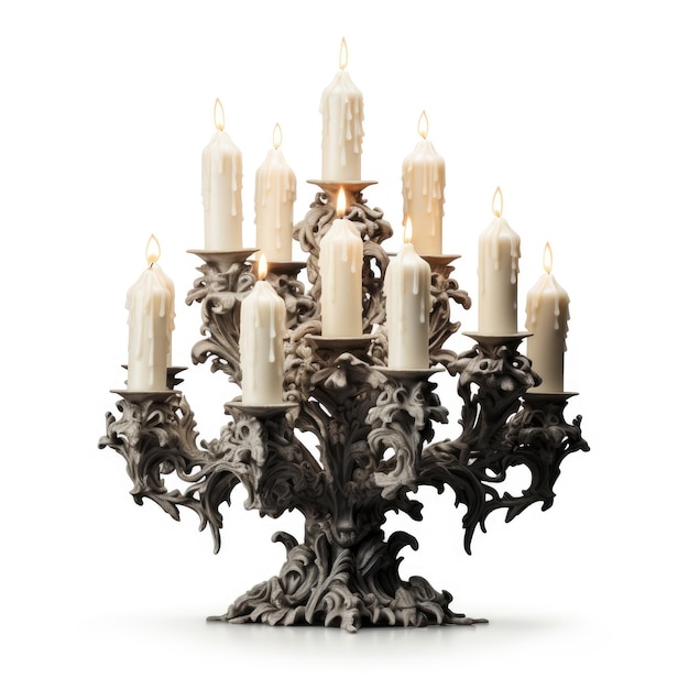 Brilho Encantador Um aglomerado de velas de cera branca iluminando um ornamentado candelabro de ferro forjado em um