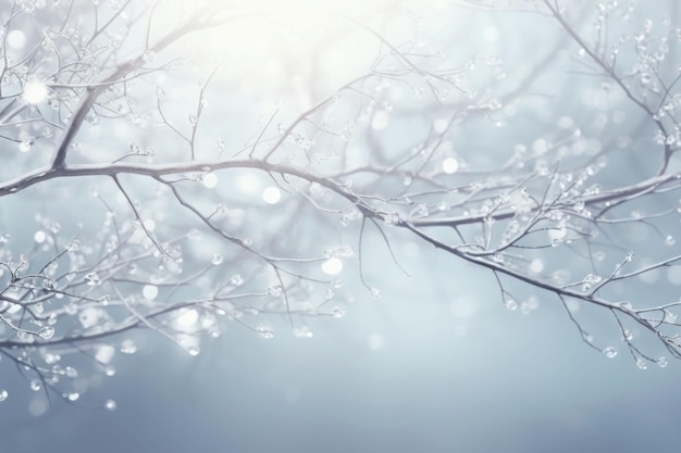 Brilhos prateados brilhantes nos galhos A guirlanda brilha na árvore Fundo claro de inverno Ilustração generativa de IA