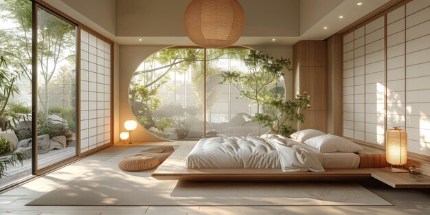 Brillante y acogedor dormitorio moderno con cama grande de madera suavizando la luz de la mañana con decoración moderna