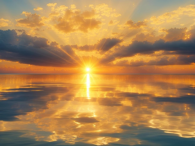 un brillante amanecer sobre el horizonte los rayos del sol penetran a través de las nubes creando tonos dorados en el cielo y reflejándose en el agua