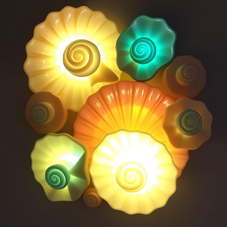 Foto brillante arte de conchas marinas en 3d con vidrio brillante en espiral una colección de conchas con un océano tranquilo