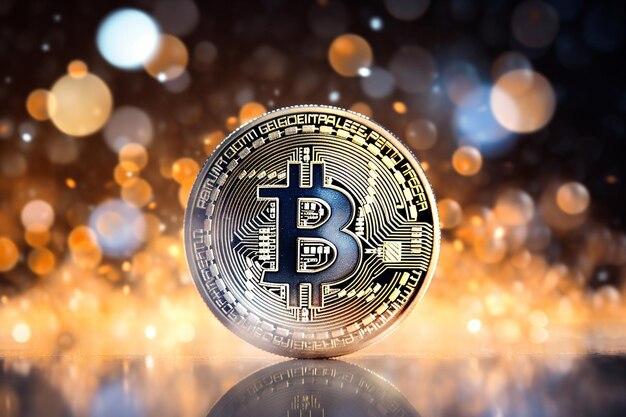 Un brillante bitcoin dorado un fondo bokeh reluciente