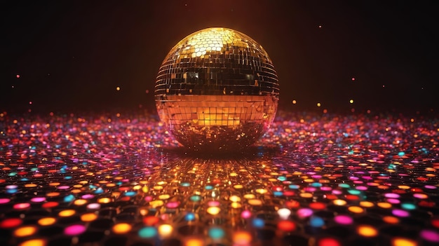 La brillante bola de la discoteca rodeada de luces de colores