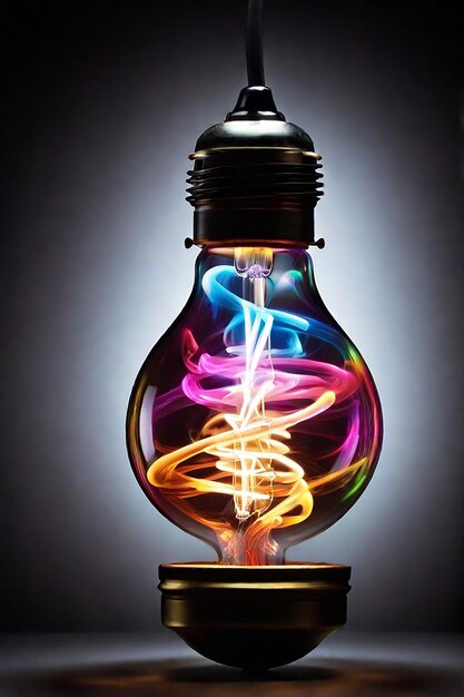 Foto una brillante bombilla de filamento con un remolino de humo de colores en la oscuridad en la parte inferior generada por ai