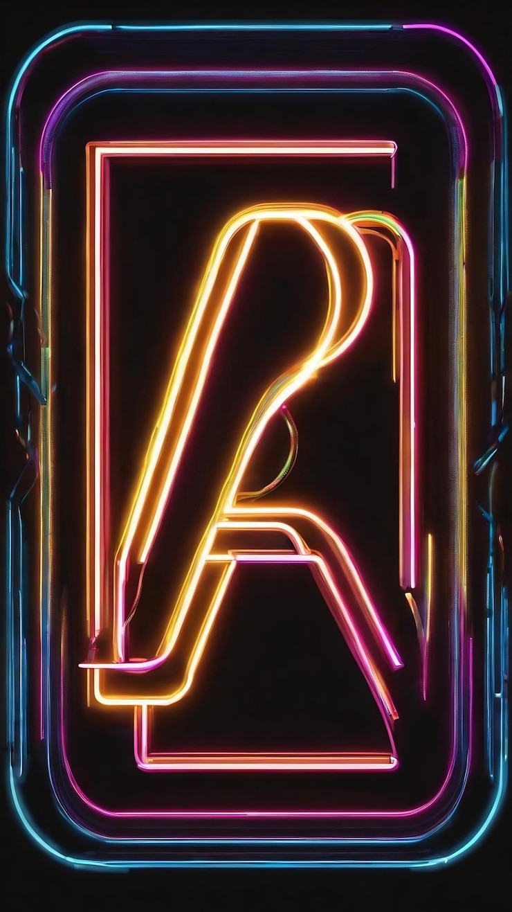 Foto brillante y brillante línea de neón de colores luz alfabeto abstracto sobre fondo negro