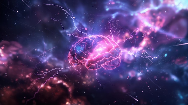 brillante cerebro humano rosado con crujientes pulsaciones electrificantes energía cósmica en el misterioso espacio profundo