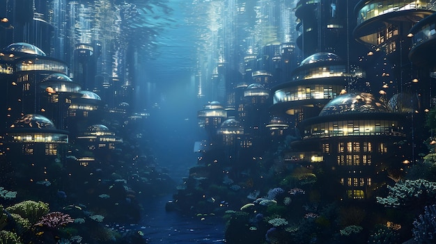 Una brillante ciudad submarina futurista armónicamente integrada con los ecosistemas marinos que simboliza la innovación en la expansión de los hábitats humanos