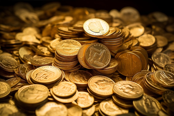 Foto una brillante colección de monedas de oro