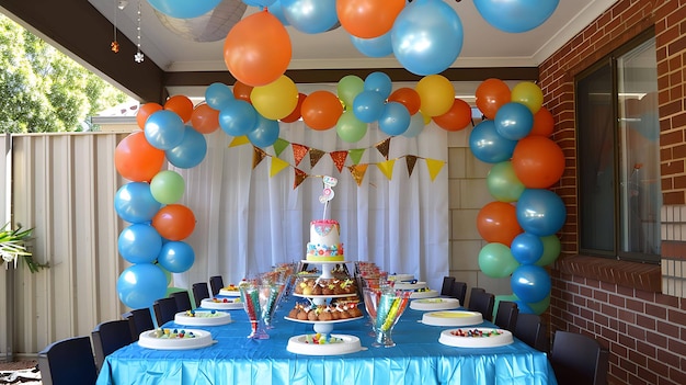 Brillante y colorida fiesta de cumpleaños con un tema de Paw Patrol La habitación está decorada con globos y carteles de Paw Patrol