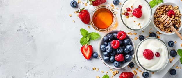 Foto brillante desayuno matutino con yogur y bayas en un mantel de lino