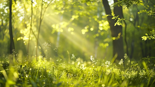 Un brillante día soleado en un bosque verde exuberante con la luz del sol brillando a través de los árboles