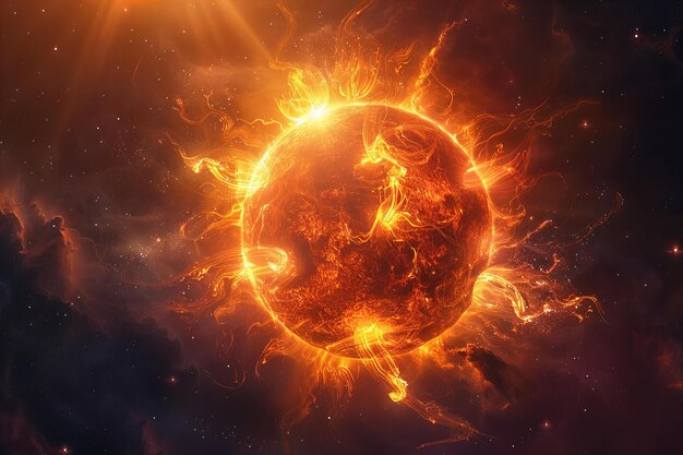 Una brillante estrella redonda parecida al sol con un resplandor naranja que irradia desde su centro la luz es intensa y