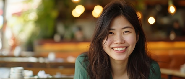 Brillante de felicidad, una joven disfruta de una cálida y acogedora atmósfera de café.