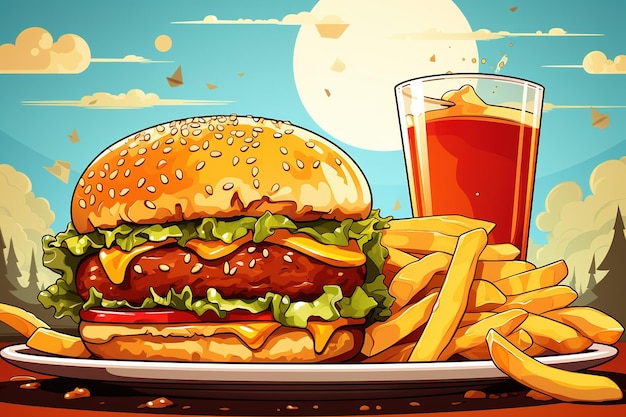 brillante ilustración de dibujos animados de sabrosa hamburguesa con papas fritas con bebida en el fondo del día de verano