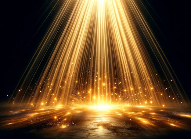 Brillante Lichtstrahlen mit funkelnden Partikeln auf einem dunklen Hintergrund, die ein Konzept magischer Beleuchtung vermitteln