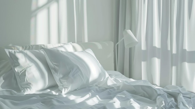 La brillante luz de la mañana se filtra a través de las cortinas transparentes en una acogedora cama sin hacer