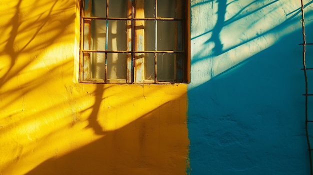 La brillante luz del sol que brilla a través de una ventana proyecta sombras del marco de la ventana en una pared amarilla bajo un cielo azul claro