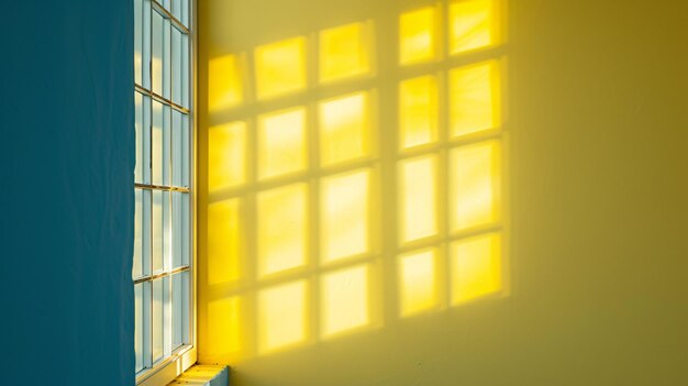 Foto la brillante luz del sol que pasa por la ventana proyecta sombras del marco de la ventana en la pared amarilla