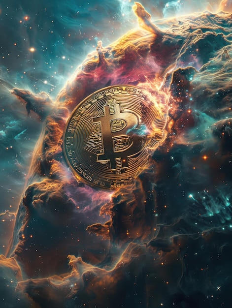 Una brillante moneda de Bitcoin flotando en la vasta extensión de una colorida nebulosa con estrellas relucientes en el fondo