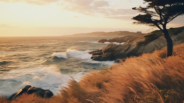 El brillante paisaje del amanecer dorado y las vistas fotorrealistas del océano