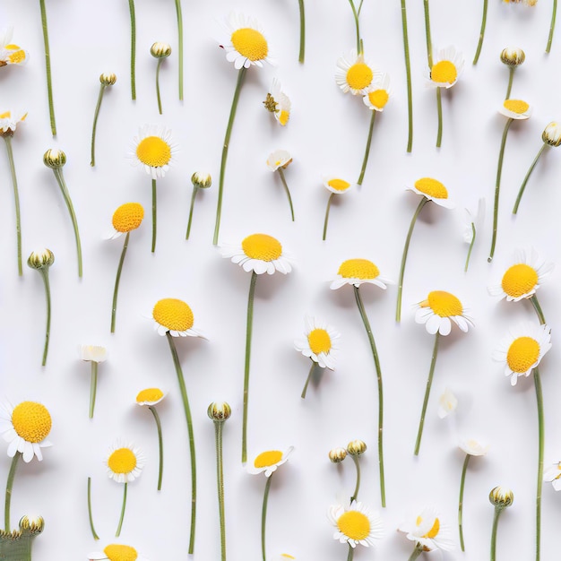 Brillante patrón de brotes y tallos de flores de margarita de manzanilla en fondo blanco Estética de fondo de textura de flores de verano