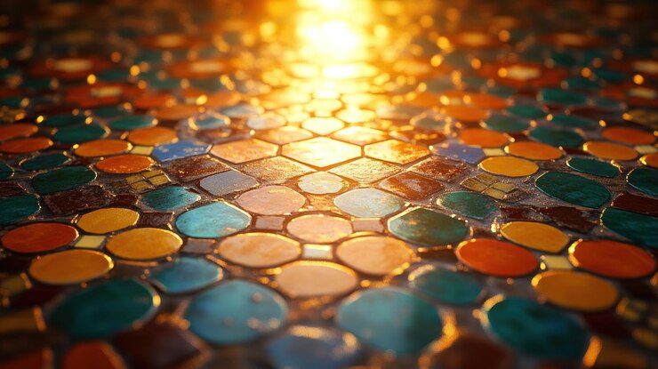 El brillante patrón de mosaico del suelo con colores vibrantes La luz del sol brilla a través de los intrincados azulejos