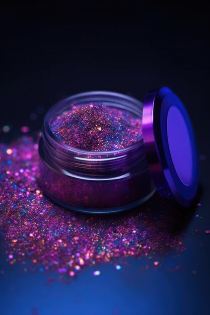 brillante púrpura reluciente brilla en el frasco para artesanías creativas y uñas arte en colorido fondo rojo brillante de cerca