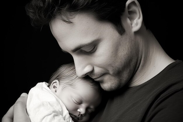 En esta brillante y realista fotografía, un padre joven acuna a su bebé recién nacido en sus brazos.