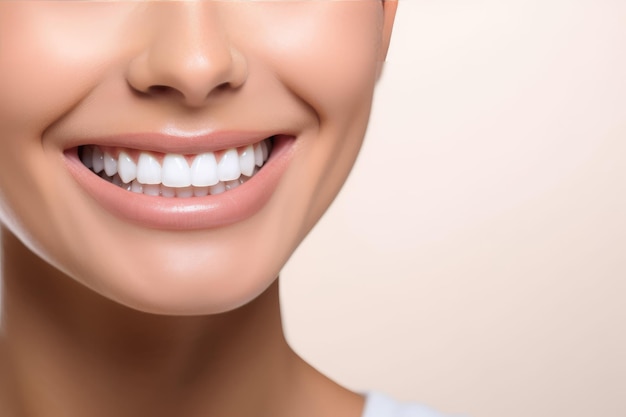 La brillante sonrisa de esta hermosa mujer con dientes blancos complementa su piel limpia creando un radiante