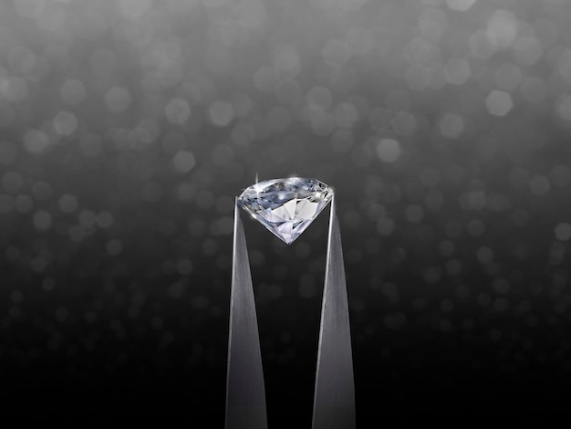 Brillanter runder Diamant in Pinzette auf schwarz glänzendem Bokeh-Hintergrundkonzept für die Auswahl des besten Diamant-Edelstein-Designs