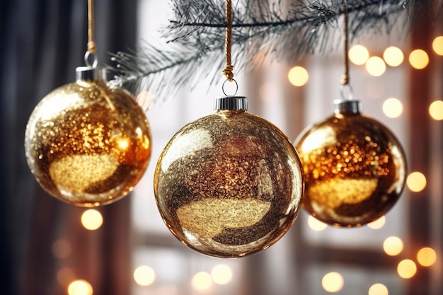 Brillantes adornos dorados cuelgan de un árbol de Navidad que emite un cálido resplandor en las decoraciones circundantes que generó Ai