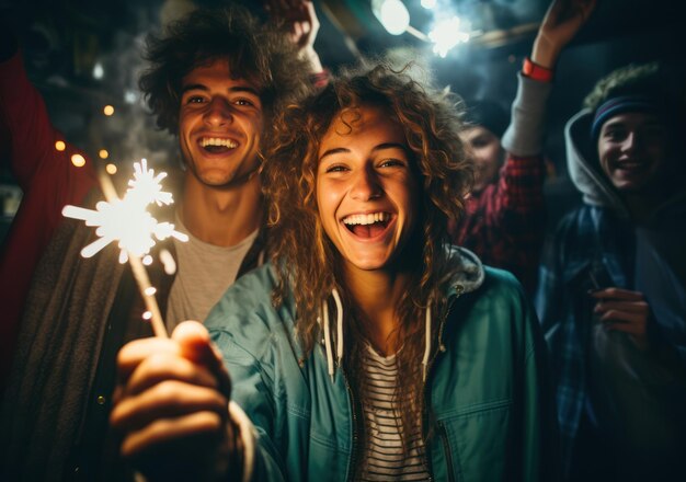 Foto brillantes chispas en las manos grupo de personas felices disfrutando de una fiesta con fuegos artificiales conceptos de estilo de vida juveniles de vacaciones de invierno