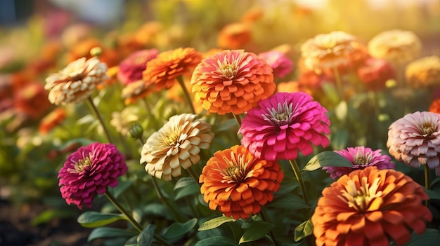 Las brillantes flores de zinnia se cierran como un exquisito establecimiento de tiempo de recolección. Fundamento del concepto de tema central. Centro particular generado por IA.