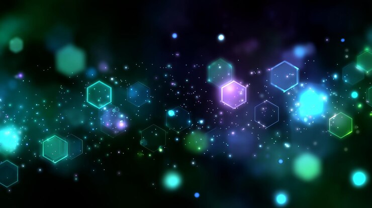Foto las brillantes formas hexagonales y las partículas brillantes crean un telón de fondo vívido con un colorido diseño abstracto en movimiento