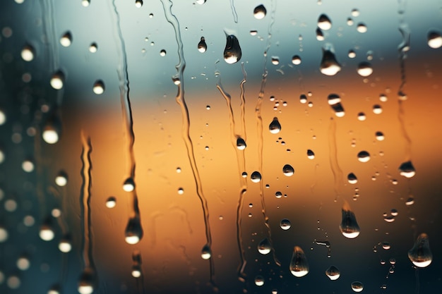 Brillantes gotas de lluvia salpican cayendo en cascada por la ventana de vidrio brumoso brillante húmedo del coche al aire libre durante