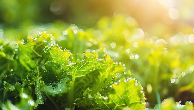 Las brillantes gotas de rocío en las hojas de repollo de color verde brillante bañadas en la suave luz del sol matinal transmiten la esencia de la frescura y la pureza