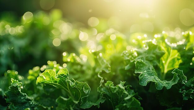 Las brillantes gotas de rocío en las hojas de repollo de color verde brillante bañadas en la suave luz del sol matinal transmiten la esencia de la frescura y la pureza