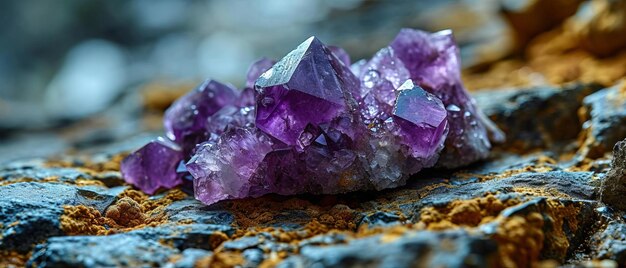 Los brillantes grupos de cristales de ametista en bruto anidados entre las rocas muestran su esplendor púrpura natural