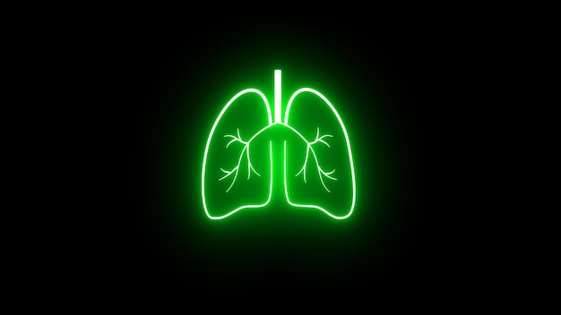 brillantes Iconos de pulmones humanos de neón Signo de pulmones de neón Icono de pulmones verdes aislados sobre un fondo negro