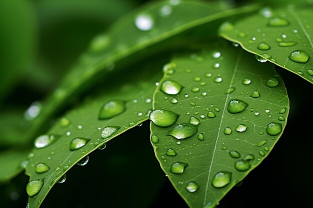 Las brillantes joyas de la naturaleza cautivan a las gotas de agua en las hojas