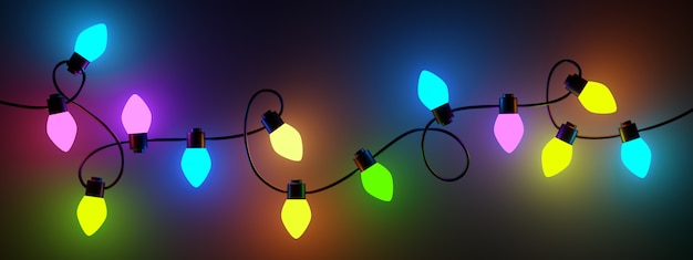 Brillantes luces de Navidad coloridas sobre fondo negro. 3 d render.