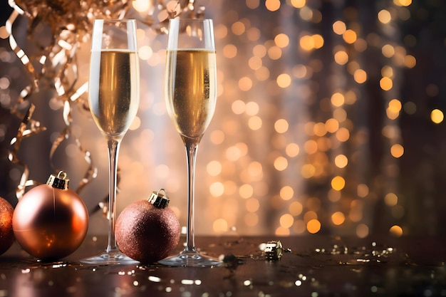 Brille, Champagner, Goldsträger, Konfetti- und Bokeh-Effekt im Hintergrund, Jahresabend-Hintergrundbanner mit Platz für Ihren eigenen Inhalt