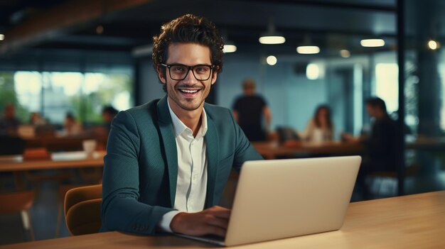 Brille männlicher Büroangestellter Laptop ai generiert Porträtbild Kopierraum