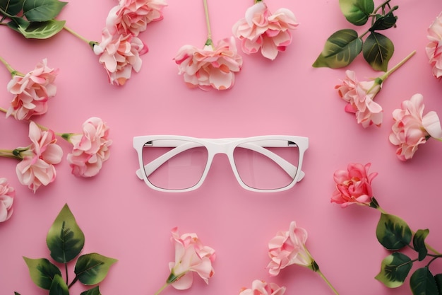 Brille mit frischen Blumen auf hellrosa Hintergrund Generative KI